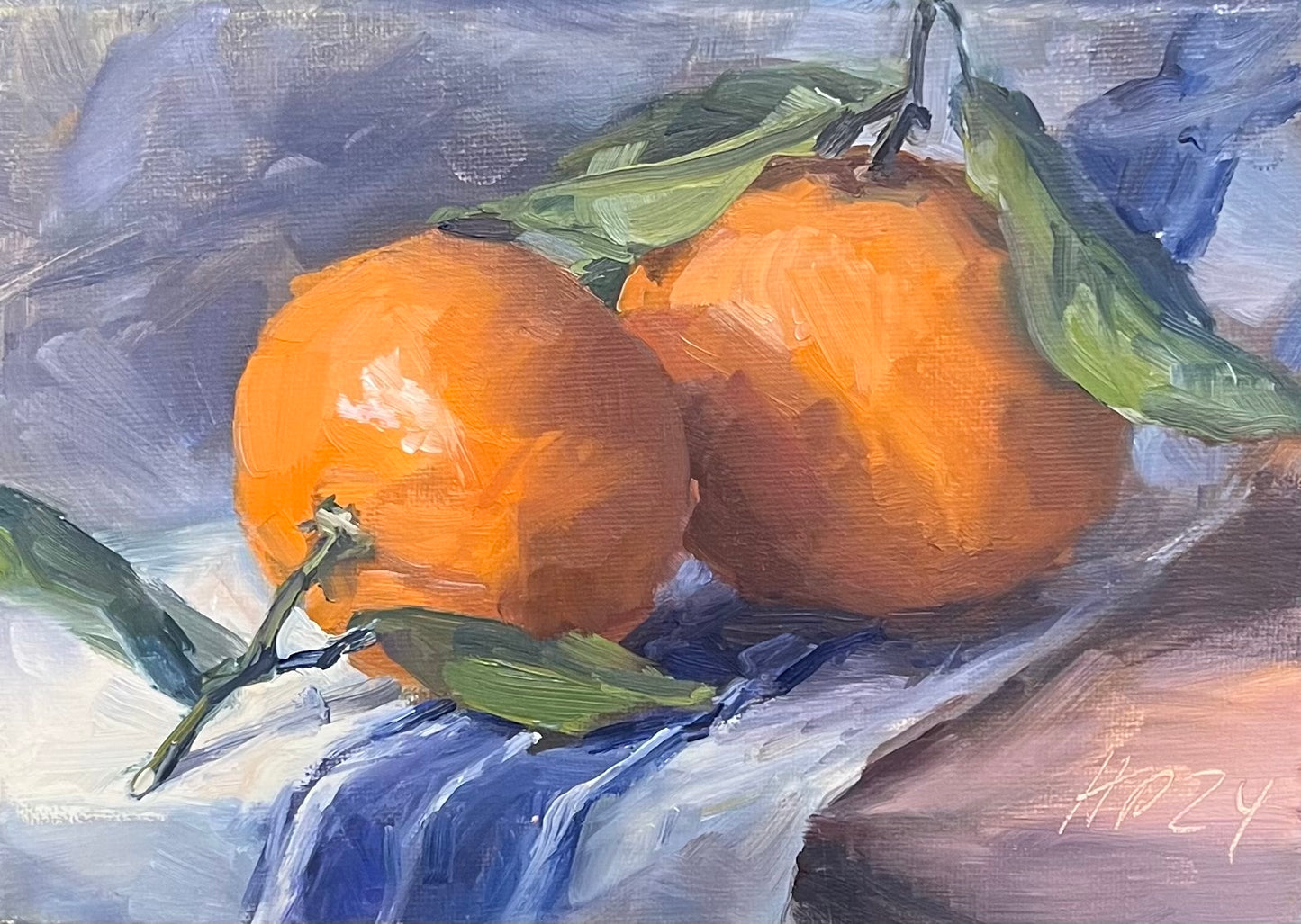 Petermann, Hanna, Zwei Clementinen auf einem Tuch, 13 x 18cm, Öl auf Leinwand, 2024