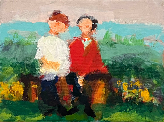 Hansen, Ulrike, Zwei auf einer Bank, 18 x 24cm, Eitempera auf Leinwand, 2026