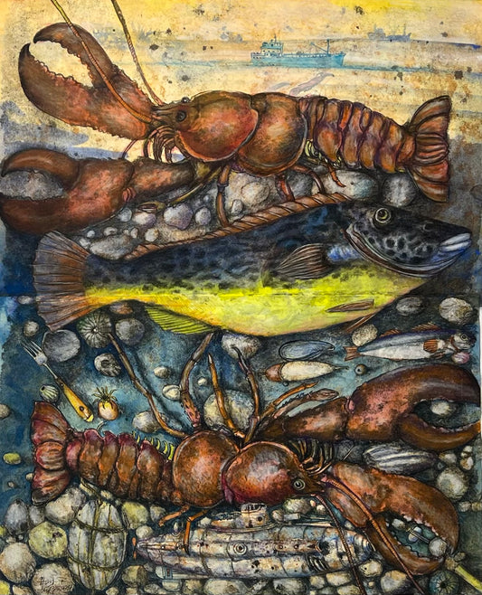 Leiß, Hans-Ruprecht, Großes Stillleben mit Hummer, 60 x 49cm, Farbstift, Gouache, Litho