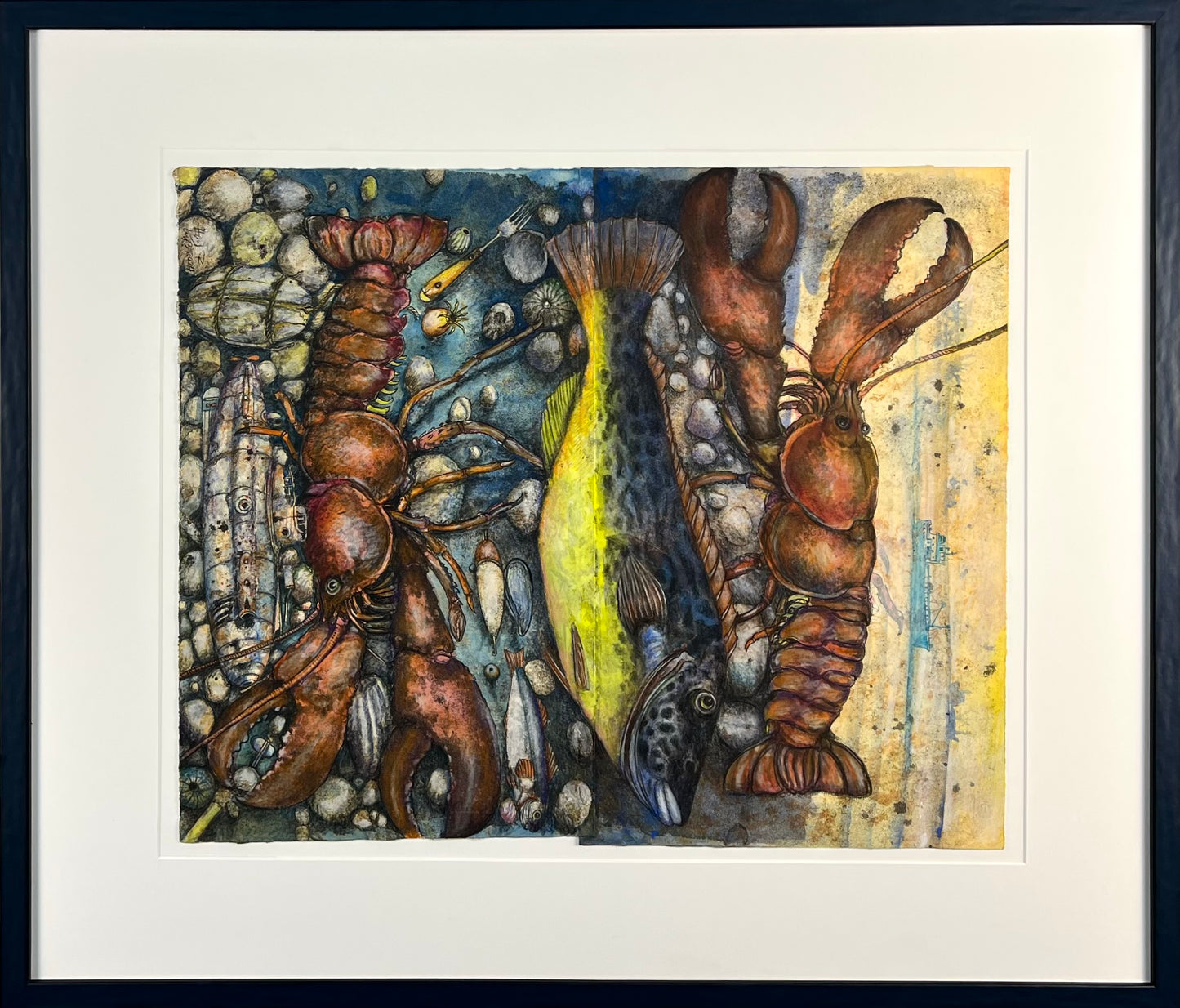 Leiß, Hans-Ruprecht, Großes Stillleben mit Hummer, 60 x 49cm, Farbstift, Gouache, Litho