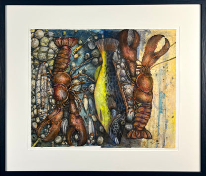 Leiß, Hans-Ruprecht, Großes Stillleben mit Hummer, 60 x 49cm, Farbstift, Gouache, Litho