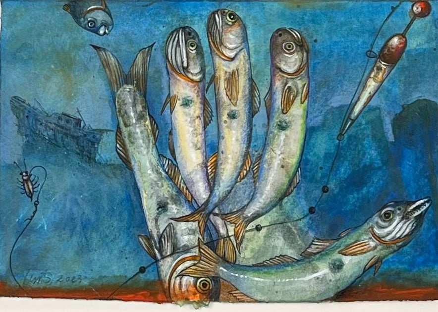Leiß, Hans-Ruprecht, Kleine Fische, 17 x 25,5cm, Farbstift, Gouache, Lithografie, incl. Künstlerrahmen