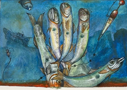 Leiß, Hans-Ruprecht, Kleine Fische, 17 x 25,5cm, Farbstift, Gouache, Lithografie, incl. Künstlerrahmen