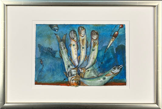 Leiß, Hans-Ruprecht, Kleine Fische, 17 x 25,5cm, Farbstift, Gouache, Lithografie, incl. Künstlerrahmen