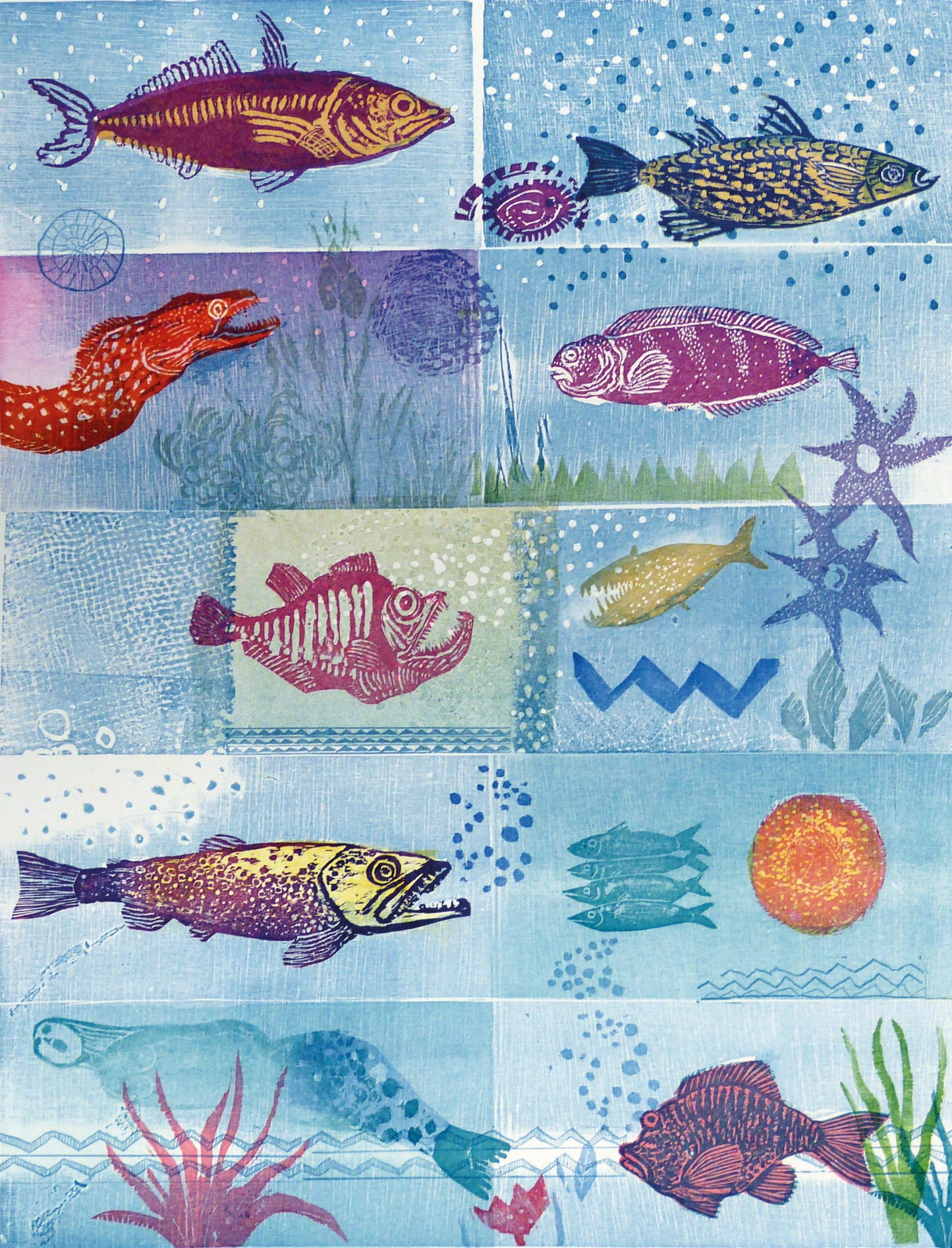 Mott-Dreizler, Gisela, Fische, Mosaik, 58 x 46cm, Holzschnitt