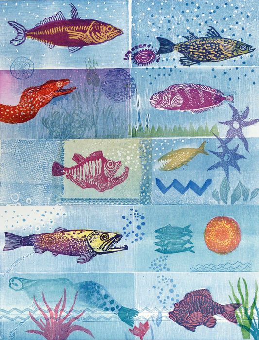 Mott-Dreizler, Gisela, Fische, Mosaik, 58 x 46cm, Holzschnitt